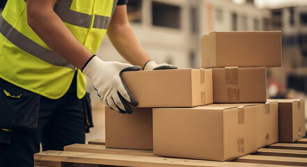 Diligent warehouse worker in safety gear efficiently stacks cardboard boxes on a wooden pallet, highlighting secure logistics, freight handling, and reliable shipping processes