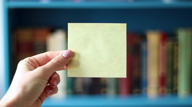 Hand Holding Yellow Square Sticky Note in Front of Blue Bookshelf