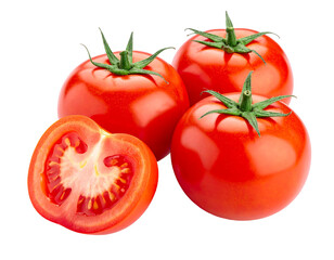 Fototapeta premium Glossy red tomatoes grouped with a sliced tomato showing seeds, set against a black background
