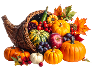 Cornucopia overflows w/autumnal bounty pumpkins, squash, apples, grapes, berries & colorful leaves, on a transparent bkgnd