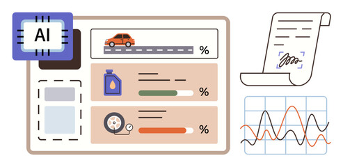 Visual dashboard with AI microchip, car on road, oil, tire indicators, signed document, and data chart. Ideal for automotive tech, AI integration, vehicle analytics performance tracking predictive