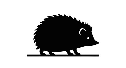 A simple black silhouette of a hedgehog standing on a line, isolated on a white field.