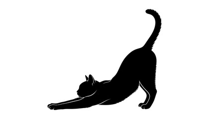 A sleek black cat stretches its body in a smooth arc, showcasing its flexibility and grace.