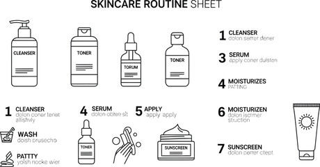 A skincare routine sheet showing steps with cleanser toner serum and sunscreen in black and white