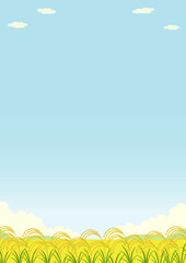 田畑と実った稲の縦型の風景イラスト
