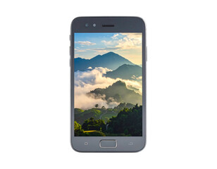 Smartphone displaying mountain landscape with clouds and lush greenery against a black background