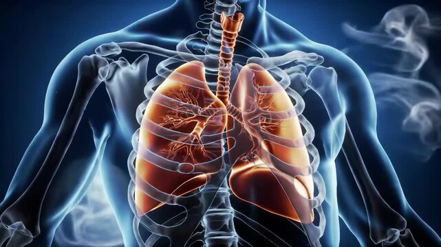 Human Anatomy Lungs and Rib Cage on Blue Background 3d Rendering