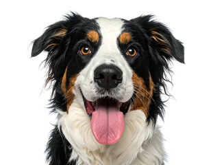 Smiling dog headshot. Black, tan, white fur, brown eyes, mouth open, tongue out, against a transparent background