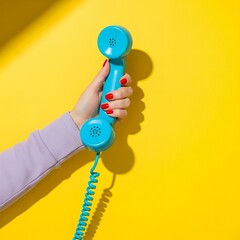 Close up of female hand with red nail polish holding vintage blue telephone handset, vibrant communication and hotline concept with strong color contrast