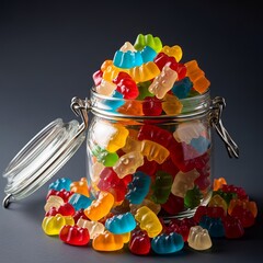 Close up of vibrant jelly gummy spilling from transparent jar, fun candy collection with colorful contrast and glossy texture for food advertising