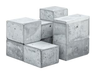 Stacked concrete cubes with rough surfaces, creating an abstract, textured form on a black background