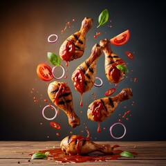 Dynamic food motion composition with grilled chicken legs, splashing barbecue sauce, tomato slices, chili, and basil leaves, dark background, spicy cooking concept