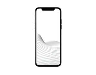 Smartphone with a white screen displaying a flowing, abstract, grayscale wave pattern on a black background