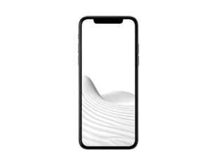 Smartphone with a white screen displaying a flowing, abstract, grayscale wave pattern on a black background
