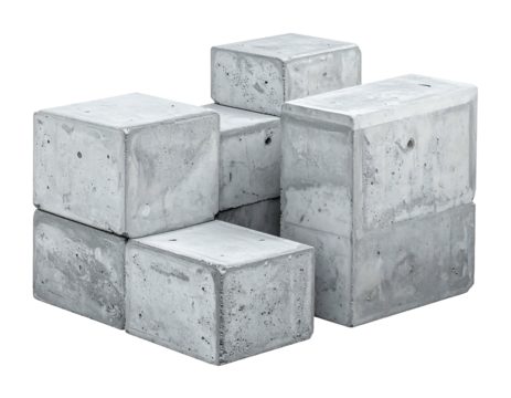 Stacked concrete cubes with rough surfaces, creating an abstract, textured form on a black background