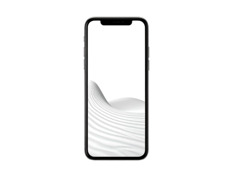 Smartphone with a white screen displaying a flowing, abstract, grayscale wave pattern on a black background