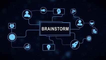 Conceptual visualization of brainstorming process featuring business icons and connections in digital space