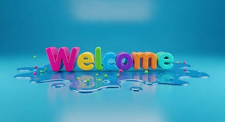 Playful multicolored 3D “Welcome” typography with reflections and small balls on shiny blue surface, cheerful greeting concept for celebration or web banner design