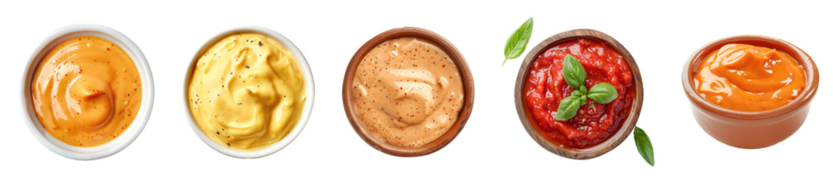Collection of burger sauce in the bowl top view isolate on transparency background