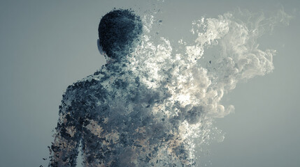 Fototapeta premium The back of a human figure dissolves into ethereal mist, symbolizing transcendence, transformation, and the journey from physical form to spiritual or abstract existence. Hyperrealistic and atmospheri