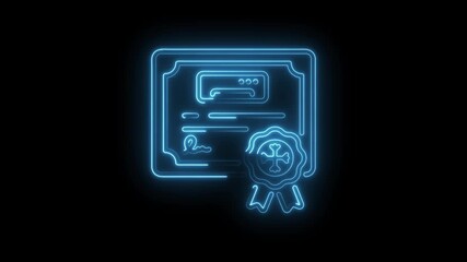 Glowing blue neon certificate animated icon on a black background showcasing academic achievements