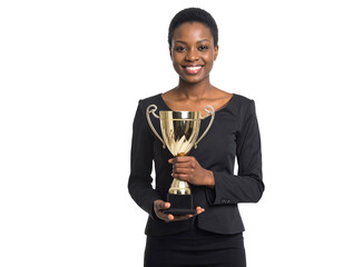 Smiling African-American woman holding golden trophy against dark background