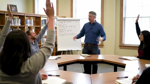Male Presenter Gesturing Enthusiastically at Table Surrounded by Students