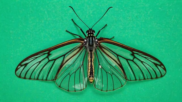 Close up of a glasswing butterfly resting on a green surface with detailed wing venation visible butterfly green screen video