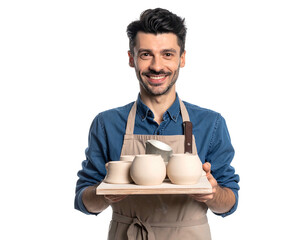 Smiling artisan holds ceramic vessels on tray, wearing denim shirt & apron, against black