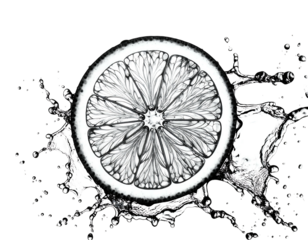 Sliced citrus in splash. Black background highlights a detailed drawing of fruit and water droplets
