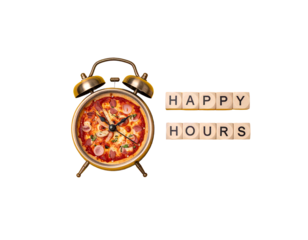Pizza inside an alarm clock next to wooden block letters "Happy Hours", all on solid black background