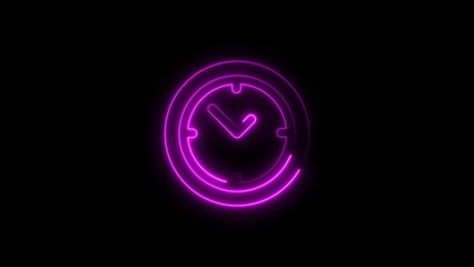 Glowing neon clock icon against black background represents time and punctuality