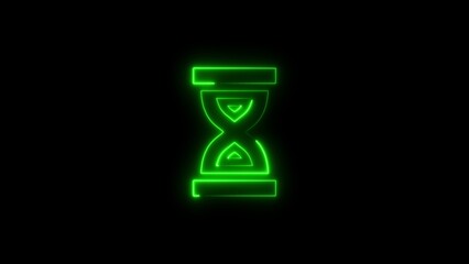Glowing green neon hourglass icon isolated on a black background symbolizing time management