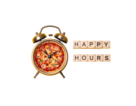 Pizza inside an alarm clock next to wooden block letters "Happy Hours", all on solid black background