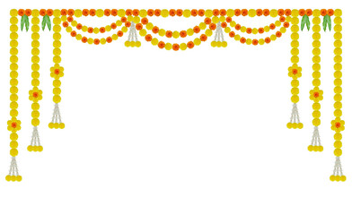 Indian pooja backdrop with marigold flowers design for home pooja, house warming, wedding and traditional events isolated on transparent background