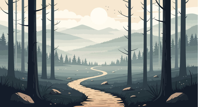 A winding path through a tranquil forest clearing with misty mountains in the background.