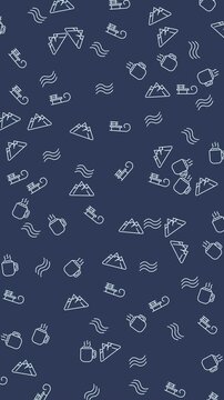 Seamless winter pattern with mountains, sleds, and mugs. Cozy backdrop suitable for winterthemed designs like wrapping paper or textiles.