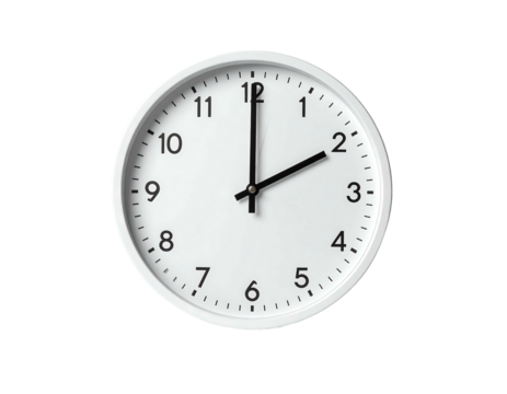 Plain round white wall clock indicating 200, set against a black background, casting a subtle shadow