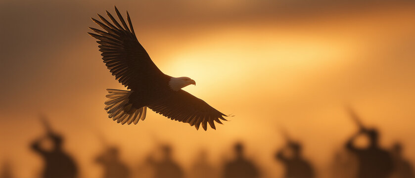 
Majestic bald eagle flying through glowing sunset sky, freedom and hope imagery for Veterans Day celebration, faint silhouette of soldiers saluting in the distance.