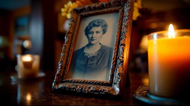 Remembering a Loved One with a Candle and Old Photograph.