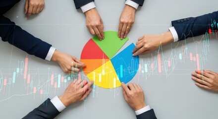 Diverse Team Strategizing with Financial Data and Pie Chart