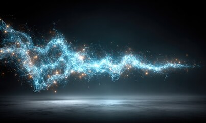 Blue, wavy energy trail with gold sparks over gray surface