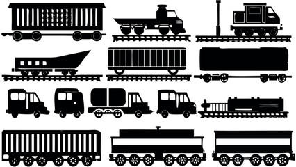 Classic train collection showcasing locomotive engines and rail cars in silhouette style, railway nostalgia