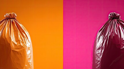 Two tied trash bags, orange and pink color-blocked scene