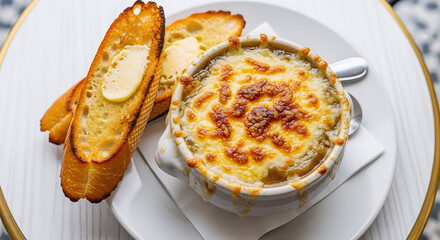 A classic French onion soup served in a white ceramic bowl, topped with melted, golden-brown cheese and a crispy toasted baguette slice with butter. Comforting and delicious.