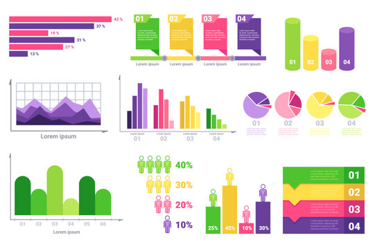Infographic set featuring various charts and graphs designed for data analysis. Bar charts, pie charts, and line graphs showcasing different statistics and percentages