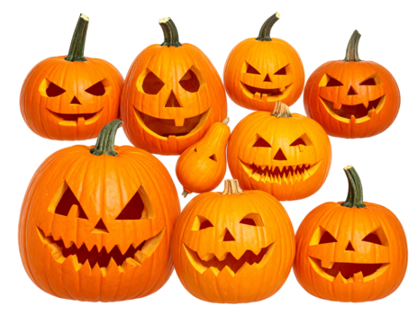 Eight jack-o'-lanterns with uniquely carved spooky faces, grouped against a dark background, create a festive Halloween scene