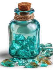 Blue glass shards in a corked bottle, tied with twine