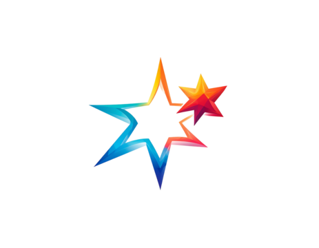 Stylized starburst on black background; gradient colors transition from cool blue to hot red, giving dimension to the design