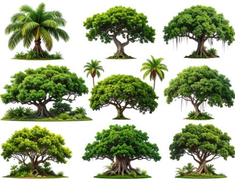 Collection of trees diverse species with green foliage, varying heights, and gnarled roots, set against black